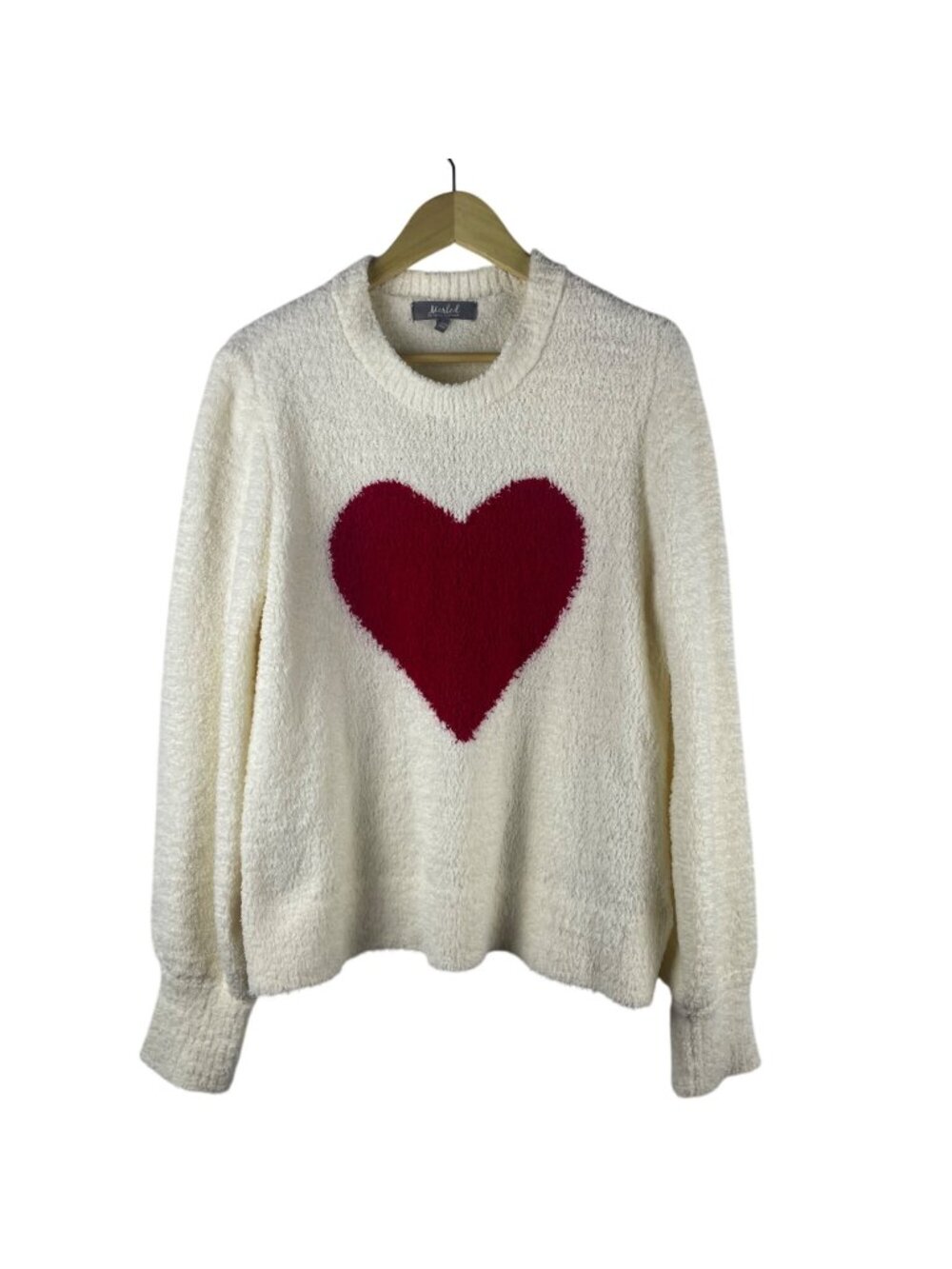 Marled Red Heart Graphic Cream Fuzzy Cozy Knit Novelty Holiday Sweater Large